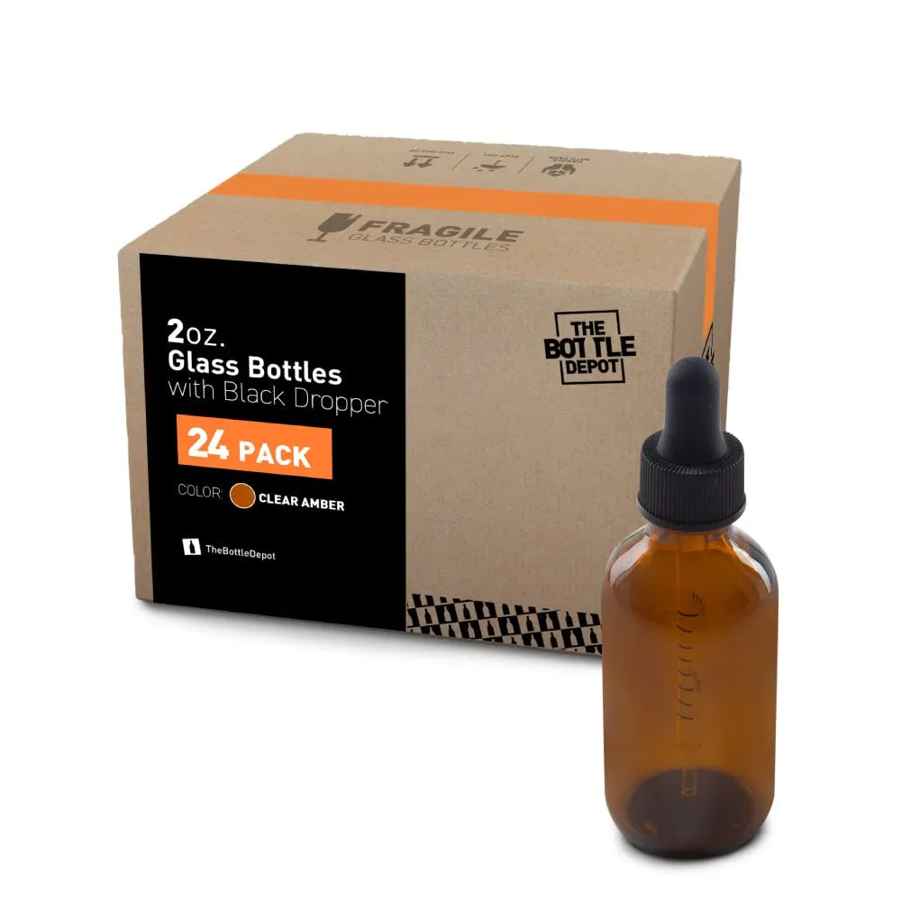 The Bottle Depot - 2 oz Glass Dropper Bottle - 24 Pack - Clear Amber - Tincture Bottles With Dropper