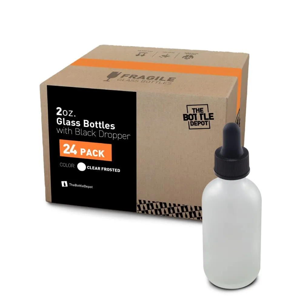 The Bottle Depot - 2 oz Glass Dropper Bottle - 24 Pack - Clear Frosted - Tincture Bottles With Dropper