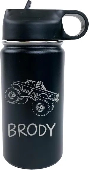 The Crafty Engineer Personalized Monster Truck Water Bottle for Kids - Monster Truck Design for Boys, Girls & Toddlers - Perfect for School & Sports (Black)