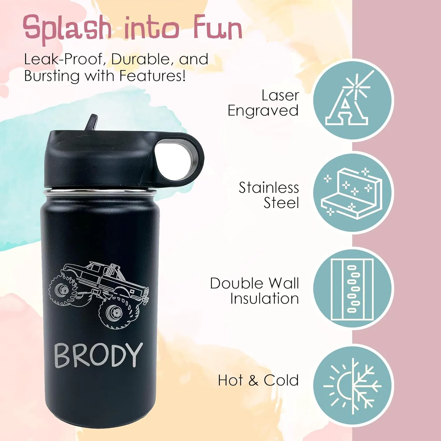 The Crafty Engineer Personalized Monster Truck Water Bottle for Kids - Monster Truck Design for Boys, Girls & Toddlers - Perfect for School & Sports (Black)