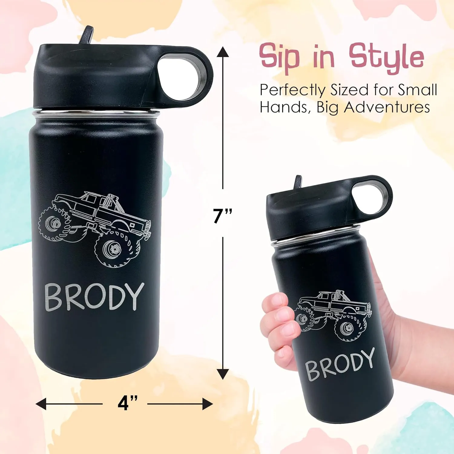 The Crafty Engineer Personalized Monster Truck Water Bottle for Kids - Monster Truck Design for Boys, Girls & Toddlers - Perfect for School & Sports (Black)