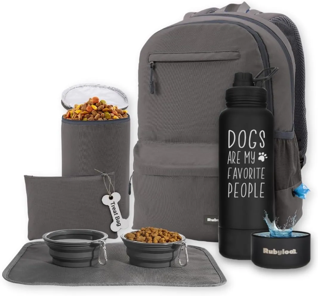 The Original Doggy Bag Backpack (Dark Grey) & 32oz Insulated Water Bottle with Attached 8oz Bowl (Dogs Are My Favorite People) – Dog Travel Backpack & Hydration Set