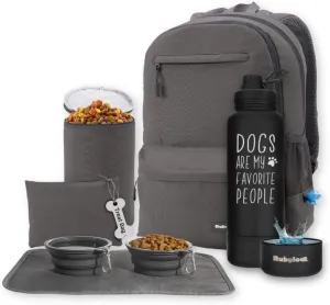 The Original Doggy Bag Backpack (Dark Grey) & 32oz Insulated Water Bottle with Attached 8oz Bowl (Dogs Are My Favorite People) – Dog Travel Backpack & Hydration Set