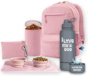 The Original Doggy Bag Backpack (Dusty Pink) & 32 oz Insulated Water Bottle with Attached 8 oz Bowl (I Love My Dog) – Dog Travel Backpack & Hydration Set