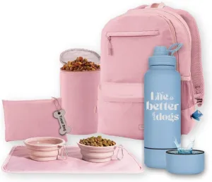The Original Doggy Bag Backpack (Dusty Pink) & 32 oz Insulated Water Bottle with Attached 8 oz Bowl (Life is Better with Dogs) – Dog Travel Backpack & Hydration Set