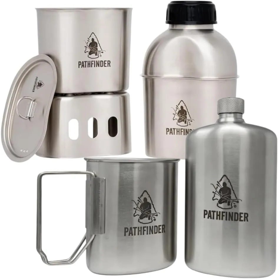 The Pathfinder School Canteen Cooking Set & Stainless Steel Nesting Cup with M34 Scout Canteen – Bushcraft Survival Gear, Camping Essentials, Hiking Water Bottle, Backpacking & Outdoor Cooking Kit
