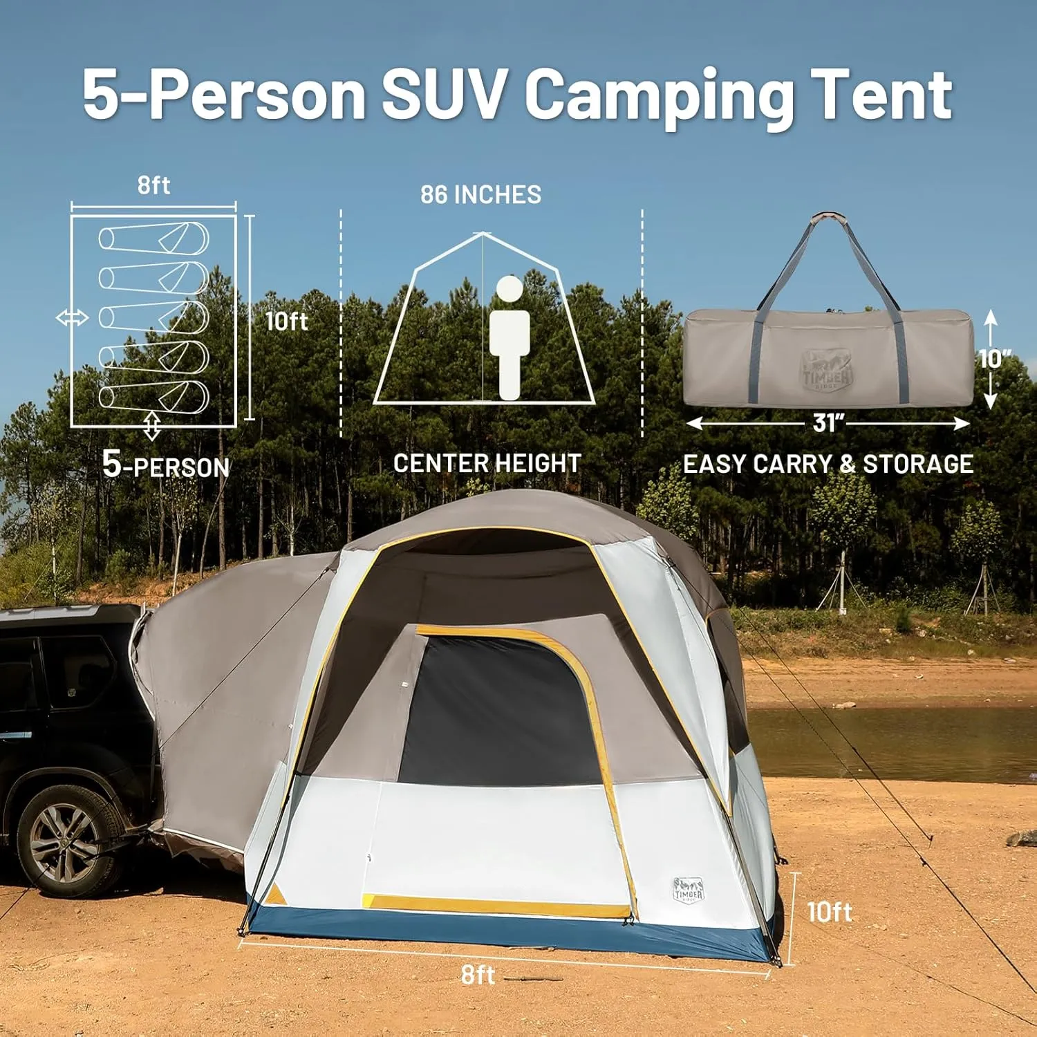 TIMBER RIDGE 5 Person SUV Tent with Movie Screen Weather Resistant Portable for Car SUV Van Camping, Includes Rainfly and Storage Bag, 10' W X 8' L X 7.1' H Khaki