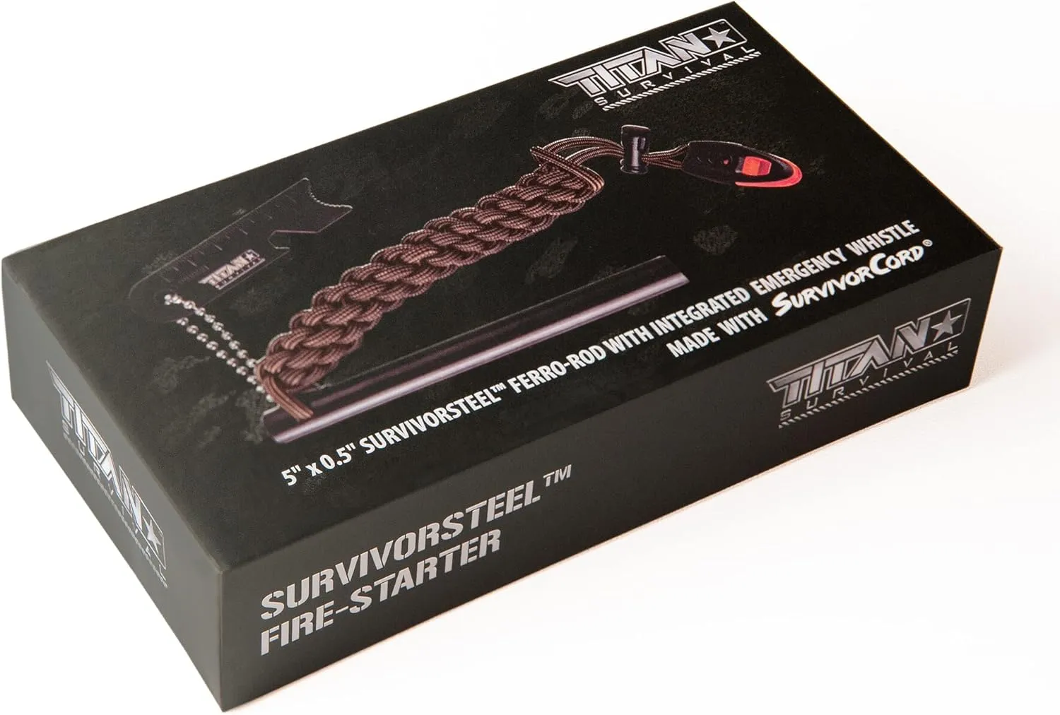 Titan SurvivorSteel Ferrocerium Fire-Starter v2.0, 5" x 1/2" Ferro-Rod with Steel Scraper, Patented SurvivorCord Handle, and Integrated High-Decibel Emergency Whistle.