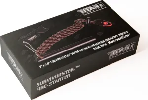 Titan SurvivorSteel Ferrocerium Fire-Starter v2.0, 5" x 1/2" Ferro-Rod with Steel Scraper, Patented SurvivorCord Handle, and Integrated High-Decibel Emergency Whistle.