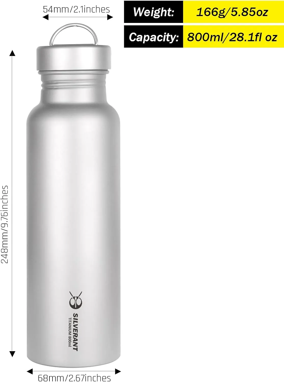 Titanium Ultralight 800ml/27 fl oz Leakproof Outdoor Camping Hiking Sports Water Bottle with Insulating Thermal Sleeve and Clip Loop Cap