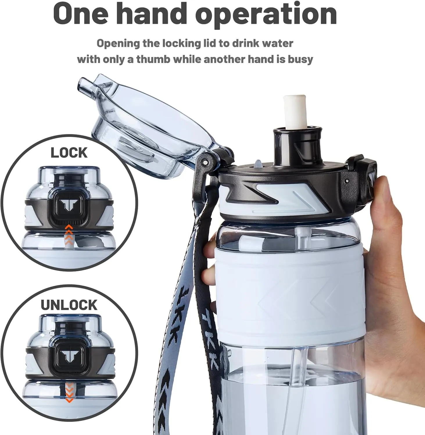 TKK Sports Water Bottles with Removable Straw 34 oz Leak-proof Flip Top Lid BPA Free Tritan Bottles with Strap for School, Fitness, Gym, Outdoor, Blue