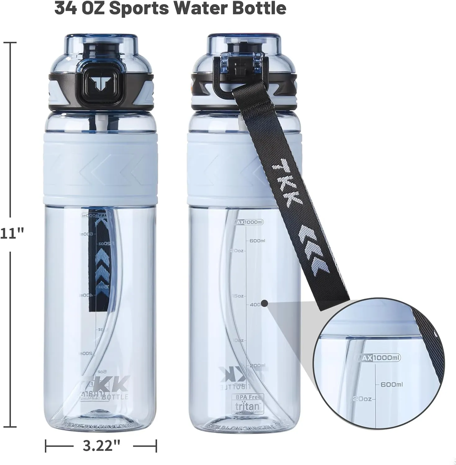 TKK Sports Water Bottles with Removable Straw 34 oz Leak-proof Flip Top Lid BPA Free Tritan Bottles with Strap for School, Fitness, Gym, Outdoor, Blue