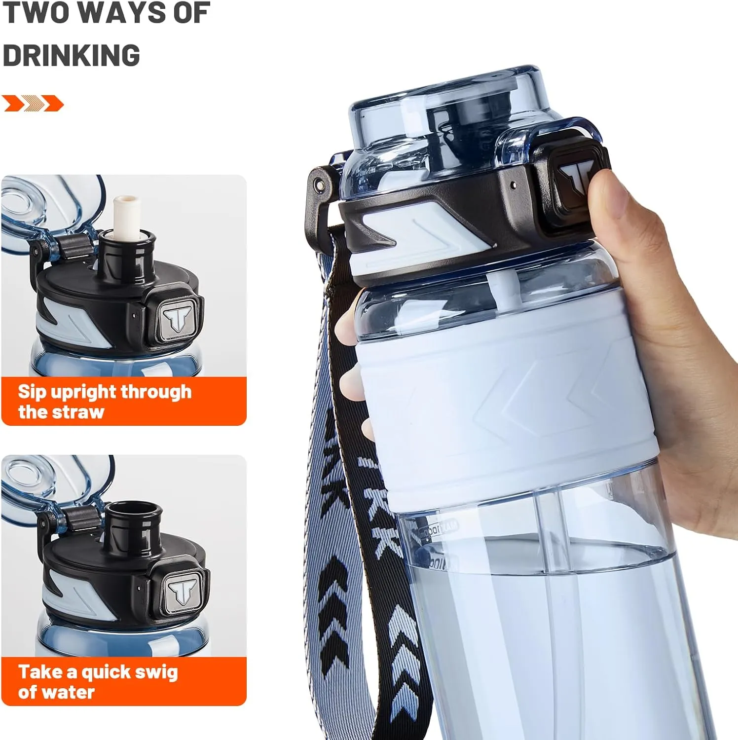 TKK Sports Water Bottles with Removable Straw 34 oz Leak-proof Flip Top Lid BPA Free Tritan Bottles with Strap for School, Fitness, Gym, Outdoor, Blue
