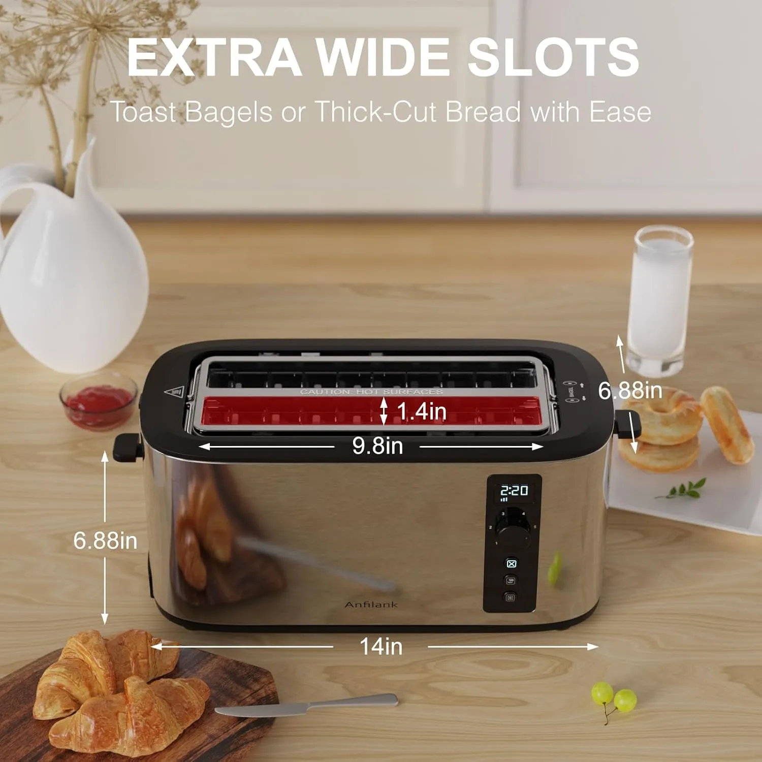 Toaster 4 Slice Long Extra Wide Slot 1.5" with Countdown Timer, 6 Browning Settings, Built-in Warming Rack, Bagel/Cancel/Defrost Functions, Removable Crumb Tray-Stainless Steel