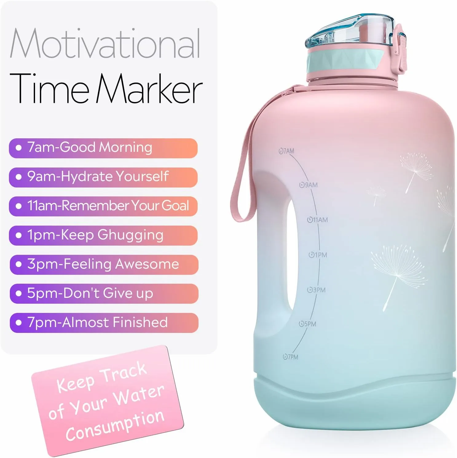 TOBA 1 Gallon Motivational Water Bottle -128 oz BPA Free Water Jug Large Sports Water Bottle Leakproof Drinking Bottle Women/Men for Fitness Gym Outdoor Activity, Pink Dandelion