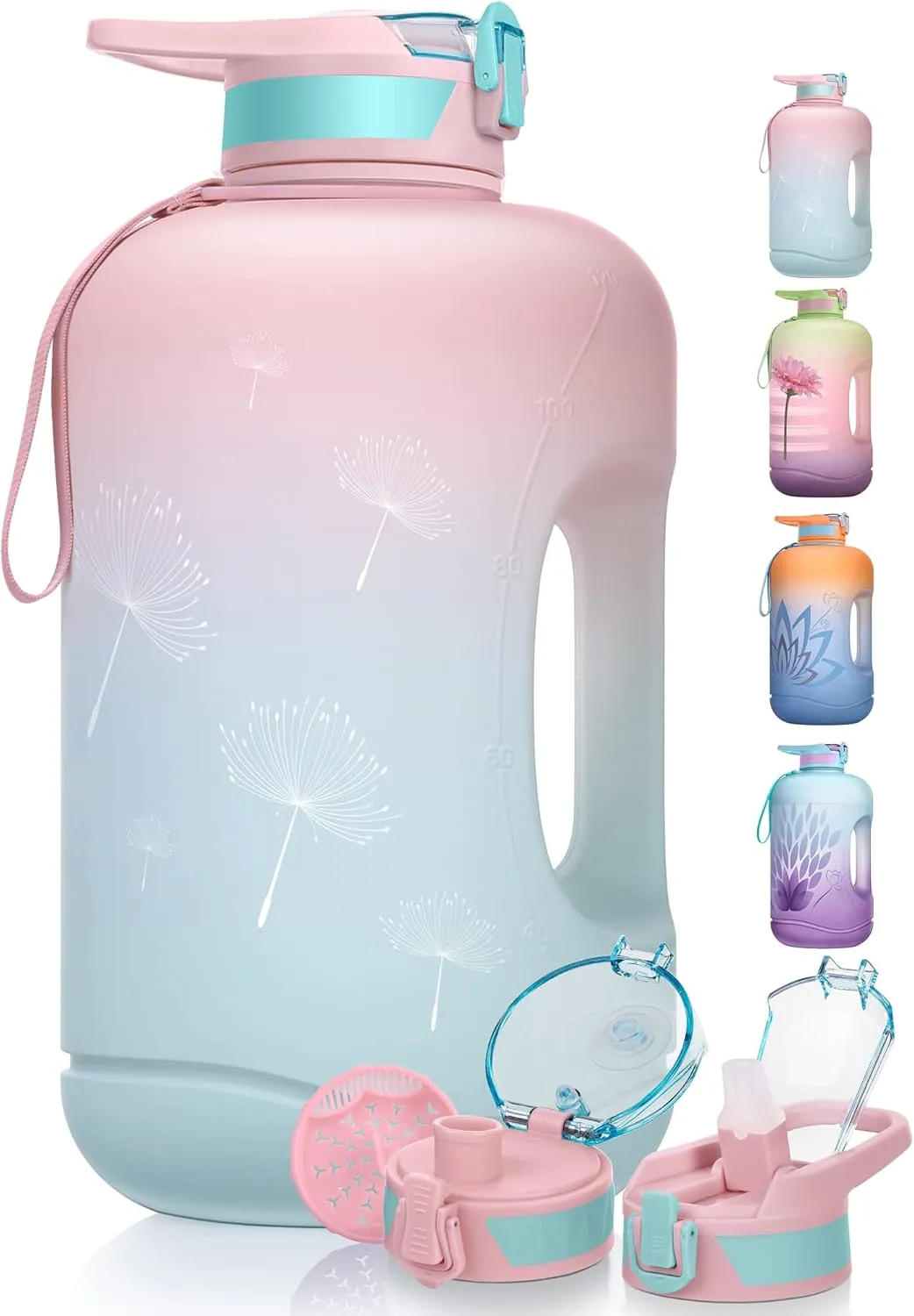TOBA 1 Gallon Motivational Water Bottle -128 oz BPA Free Water Jug Large Sports Water Bottle Leakproof Drinking Bottle Women/Men for Fitness Gym Outdoor Activity, Pink Dandelion