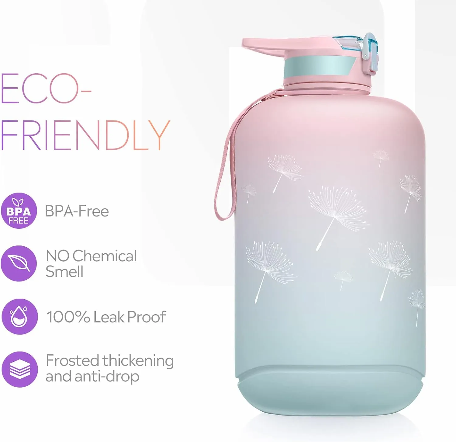 TOBA 1 Gallon Motivational Water Bottle -128 oz BPA Free Water Jug Large Sports Water Bottle Leakproof Drinking Bottle Women/Men for Fitness Gym Outdoor Activity, Pink Dandelion