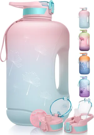 TOBA 1 Gallon Motivational Water Bottle -128 oz BPA Free Water Jug Large Sports Water Bottle Leakproof Drinking Bottle Women/Men for Fitness Gym Outdoor Activity, Pink Dandelion