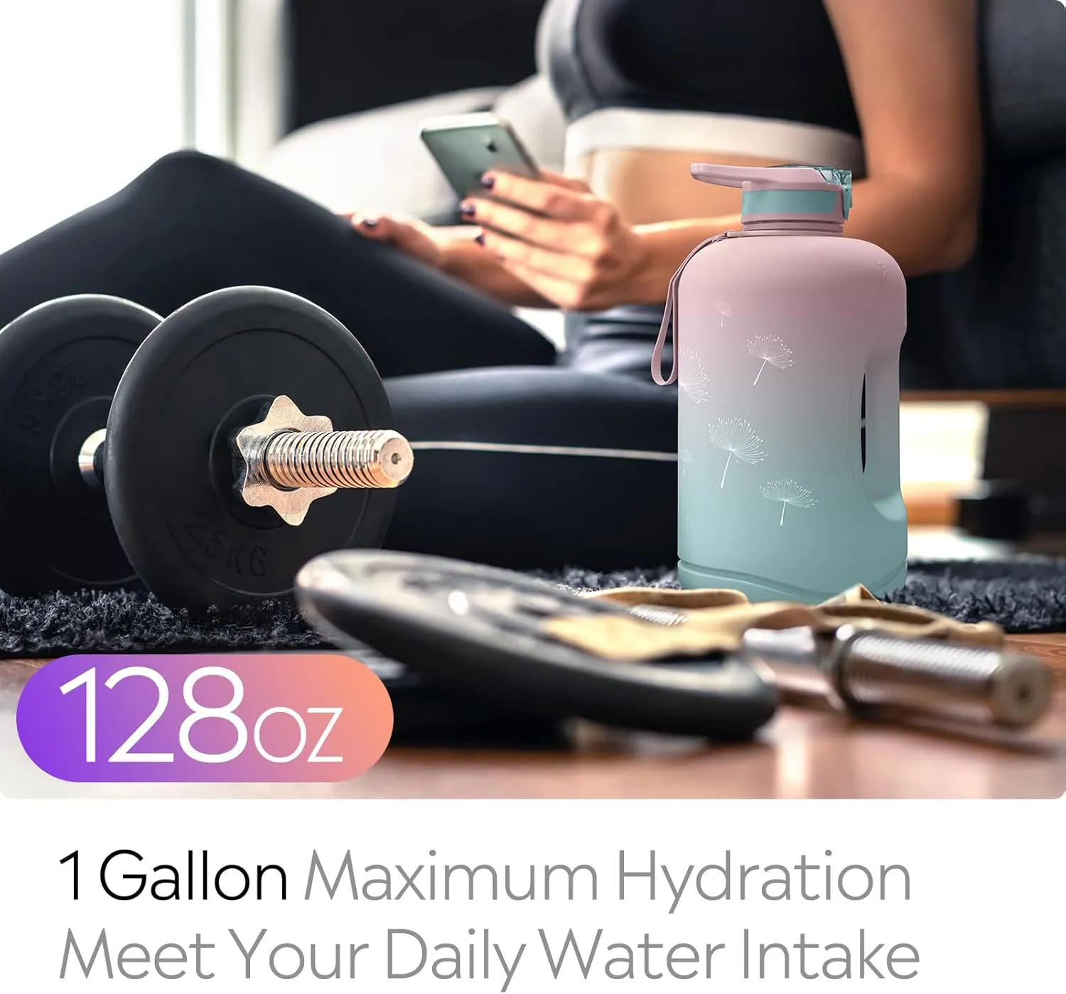 TOBA 1 Gallon Motivational Water Bottle -128 oz BPA Free Water Jug Large Sports Water Bottle Leakproof Drinking Bottle Women/Men for Fitness Gym Outdoor Activity, Pink Dandelion