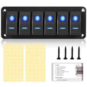 Toggle Switch Panel 6 Gang Waterproof Aluminum Switch,12V/24V Rocker Switch, 5 Pin On-Off Car Boat Switch,Blue LED Panel for Marine Boat Automotive Car RV Truck Vehicles