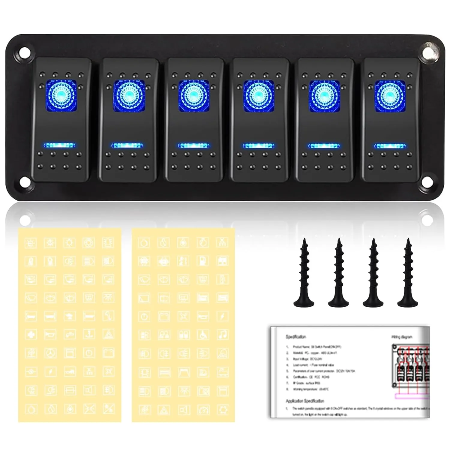 Toggle Switch Panel 6 Gang Waterproof Aluminum Switch,12V/24V Rocker Switch, 5 Pin On-Off Car Boat Switch,Blue LED Panel for Marine Boat Automotive Car RV Truck Vehicles