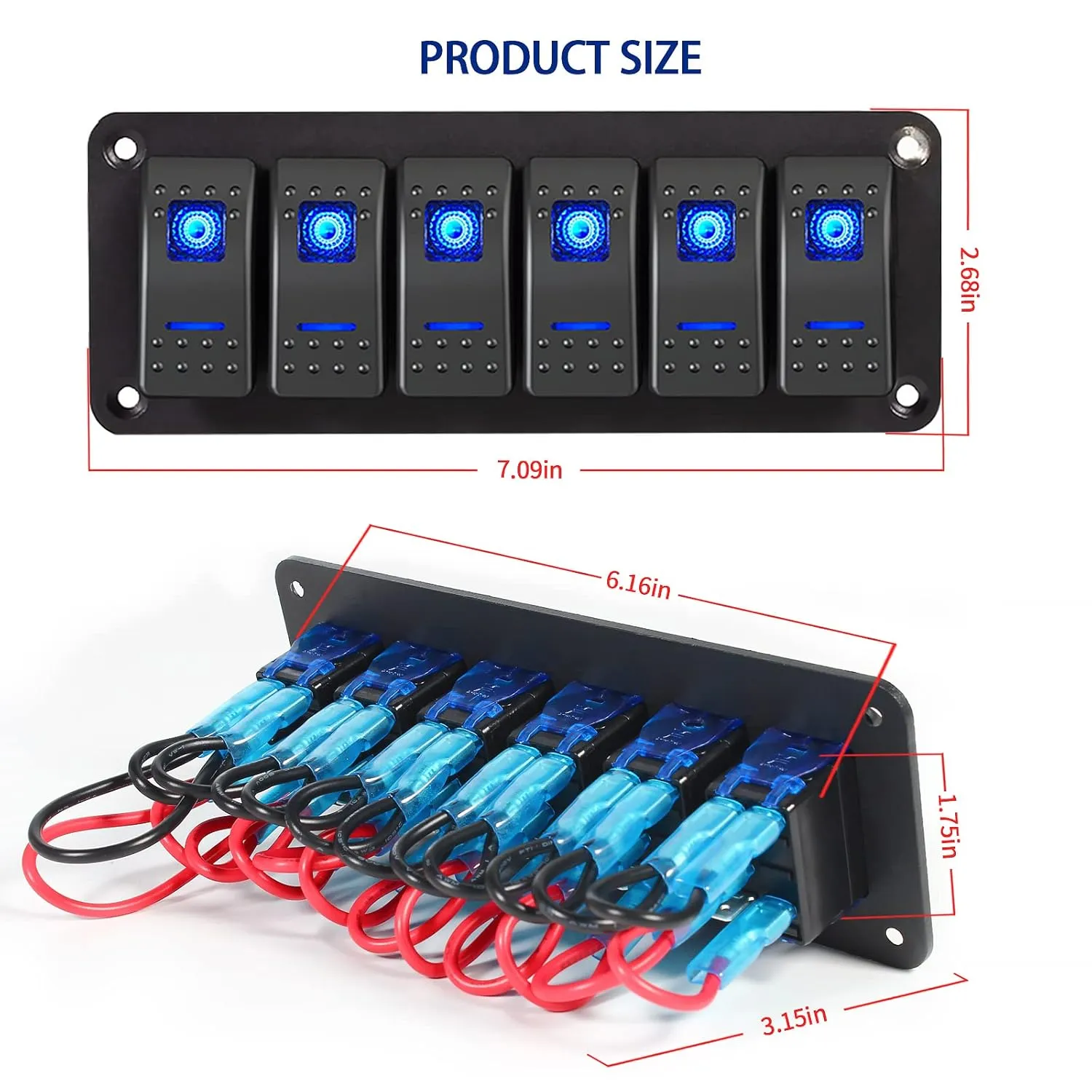 Toggle Switch Panel 6 Gang Waterproof Aluminum Switch,12V/24V Rocker Switch, 5 Pin On-Off Car Boat Switch,Blue LED Panel for Marine Boat Automotive Car RV Truck Vehicles