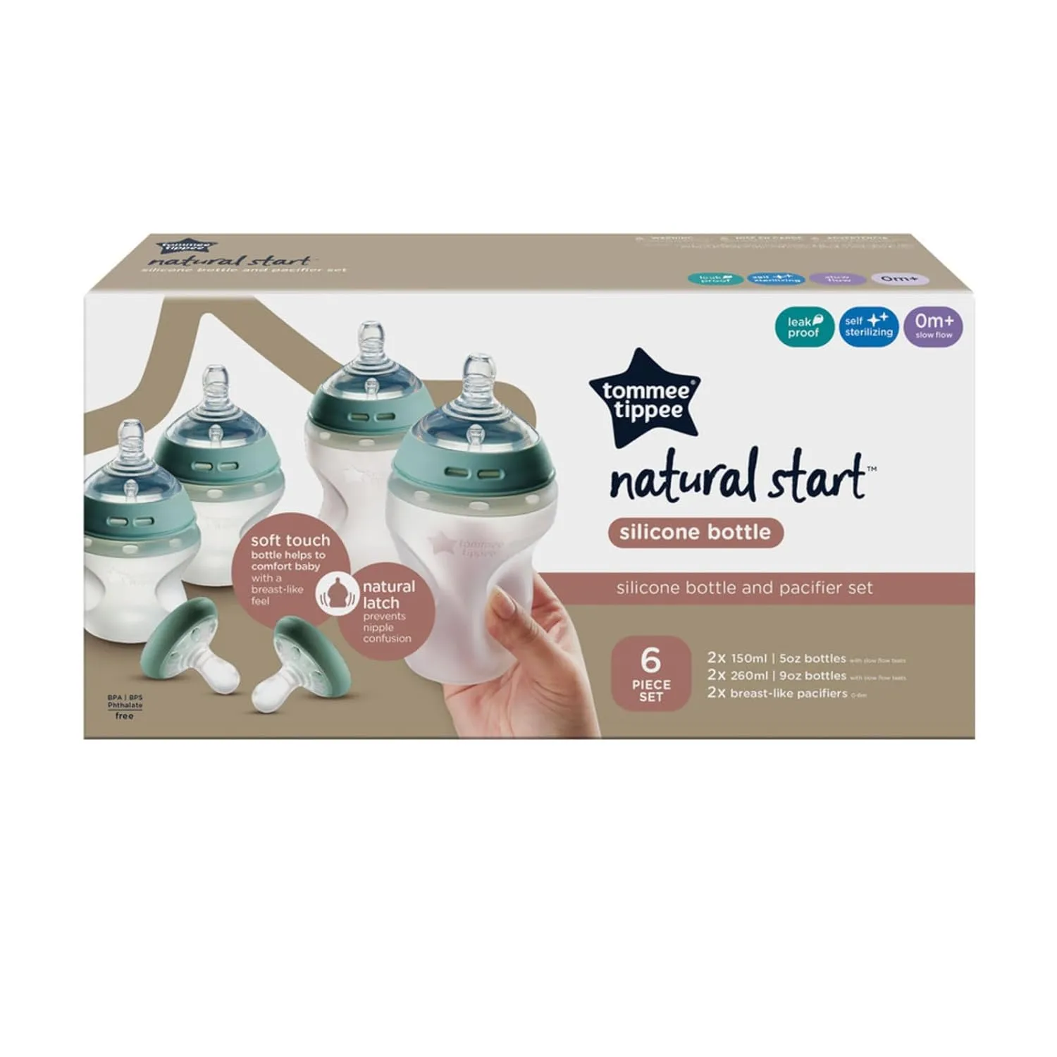 Tommee Tippee Natural Start Silicone BPA Free Baby Bottle & Pacifier Set, Includes 2 x 5oz and 2 x 9oz Bottles and 2 x Pacifiers, Newborn 0  Months, Slow Flow Breast-Like Teat, Baby Feeding Essentials