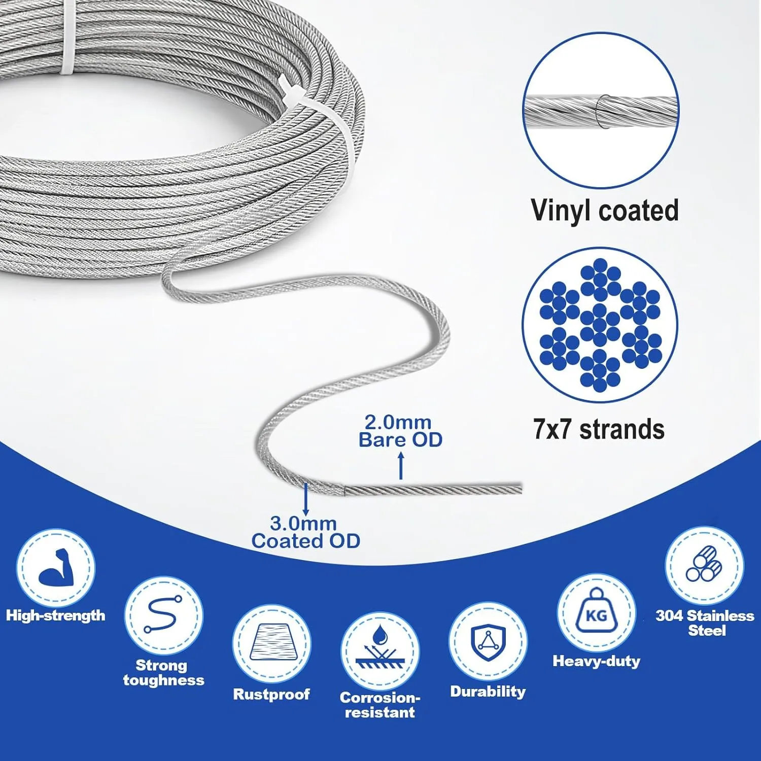 TooTaci 1/8" Wire Rope Kit, 100FT Vinyl Coated Stainless Steel Cable with M5 Turnbuckles for Cables Wire, String Light Hanging Kit for Garden Trellis, Curtain, Clothes line