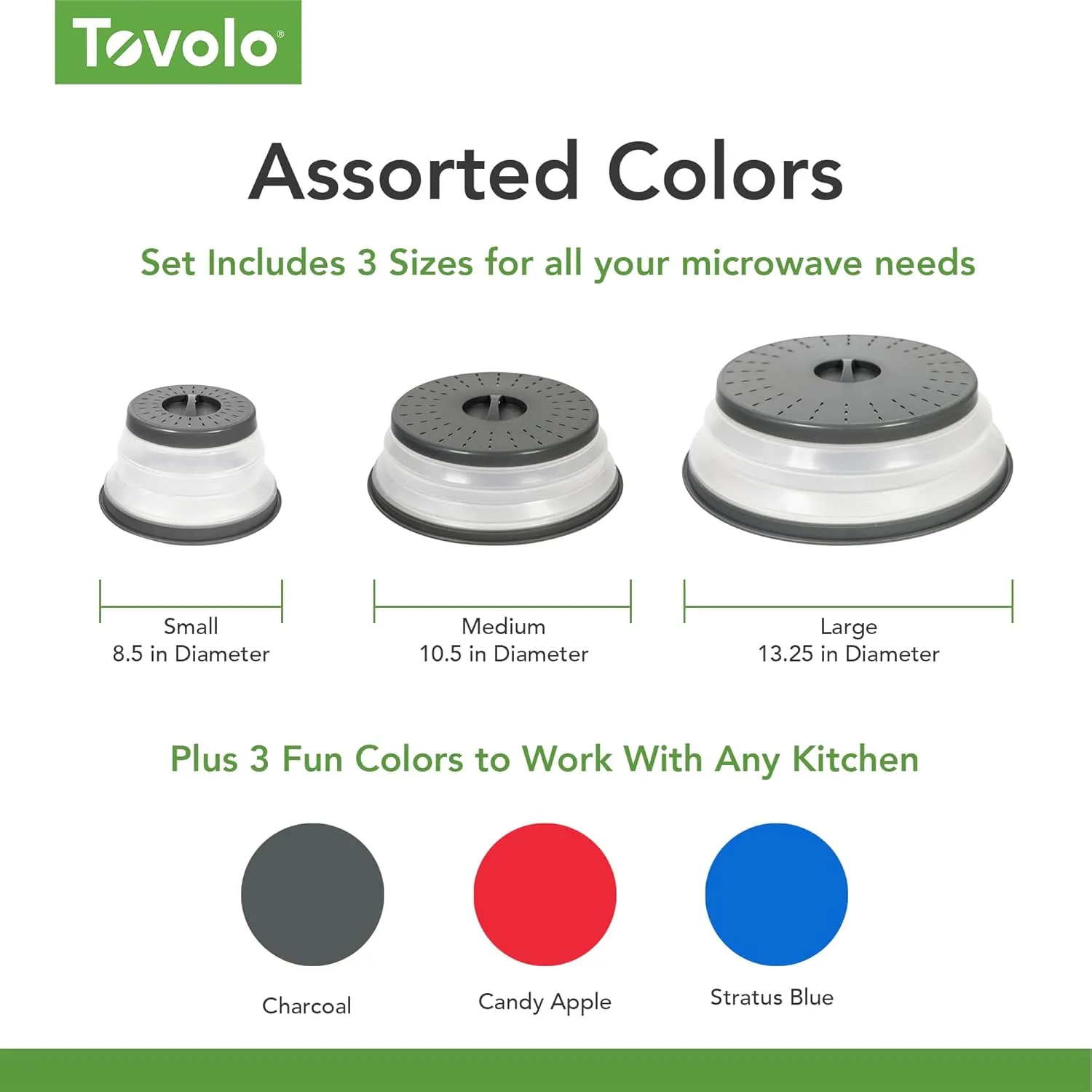 Tovolo Microwave Splatter Cover for Food, 3-Pack (Blue) - Collapsible & Vented Silicone Splatter Guard Lid - Microwave Plate & Dish Cover with Handle - BPA-Free Kitchen Gadget for Meal Prep