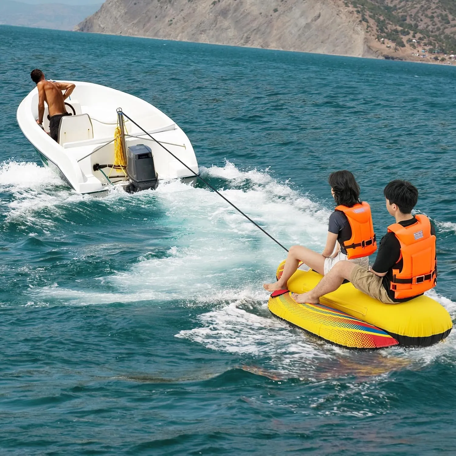 Towable Tubes for Boating, Inflatable Hot Dog Water Tube for Boat to Pull, Water Sports Banana Boat Tubes and Towables w/Double Stitched Nylon Cover, Padded Seat, Easy Grip Handles