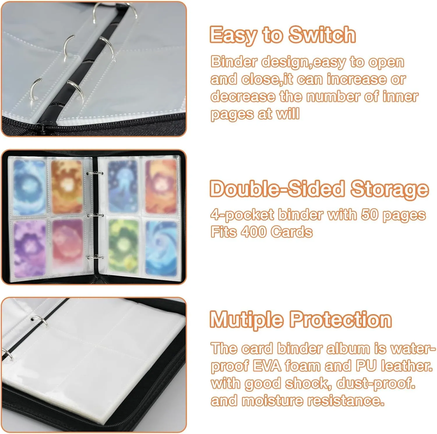 Trading Card Binder 4 Pocket, Collectible Trading Card Albums Fits 400 Cards with 50 Removable Sleeves,Waterproof Card Holder Album for TCG, MTG, Sports Cards(Fire & Ice Magic, 400P)