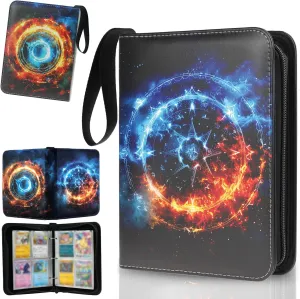 Trading Card Binder 4 Pocket, Collectible Trading Card Albums Fits 400 Cards with 50 Removable Sleeves,Waterproof Card Holder Album for TCG, MTG, Sports Cards(Fire & Ice Magic, 400P)
