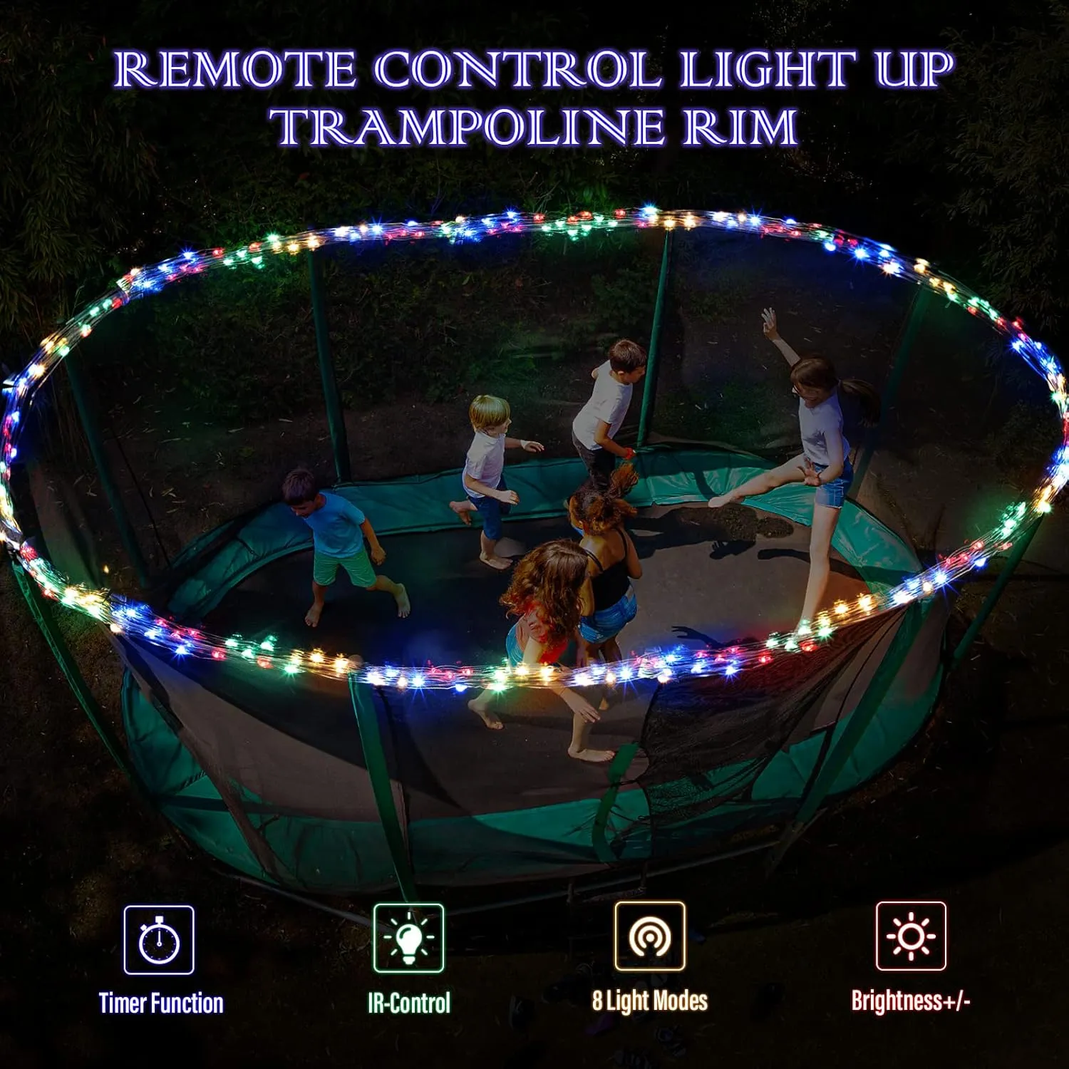 Trampoline Sprinkler with 39. 4ft LED Lights 39 ft Long Outdoor Trampoline Water Sprinkler with Remote Control Rim LED Light for Outdoor Games Yard(Water Whirl)