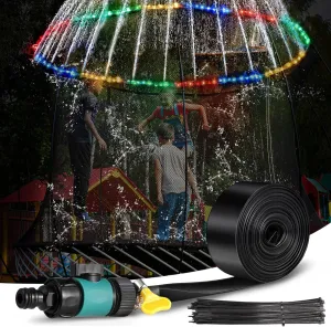 Trampoline Sprinkler with 39. 4ft LED Lights 39 ft Long Outdoor Trampoline Water Sprinkler with Remote Control Rim LED Light for Outdoor Games Yard(Water Whirl)