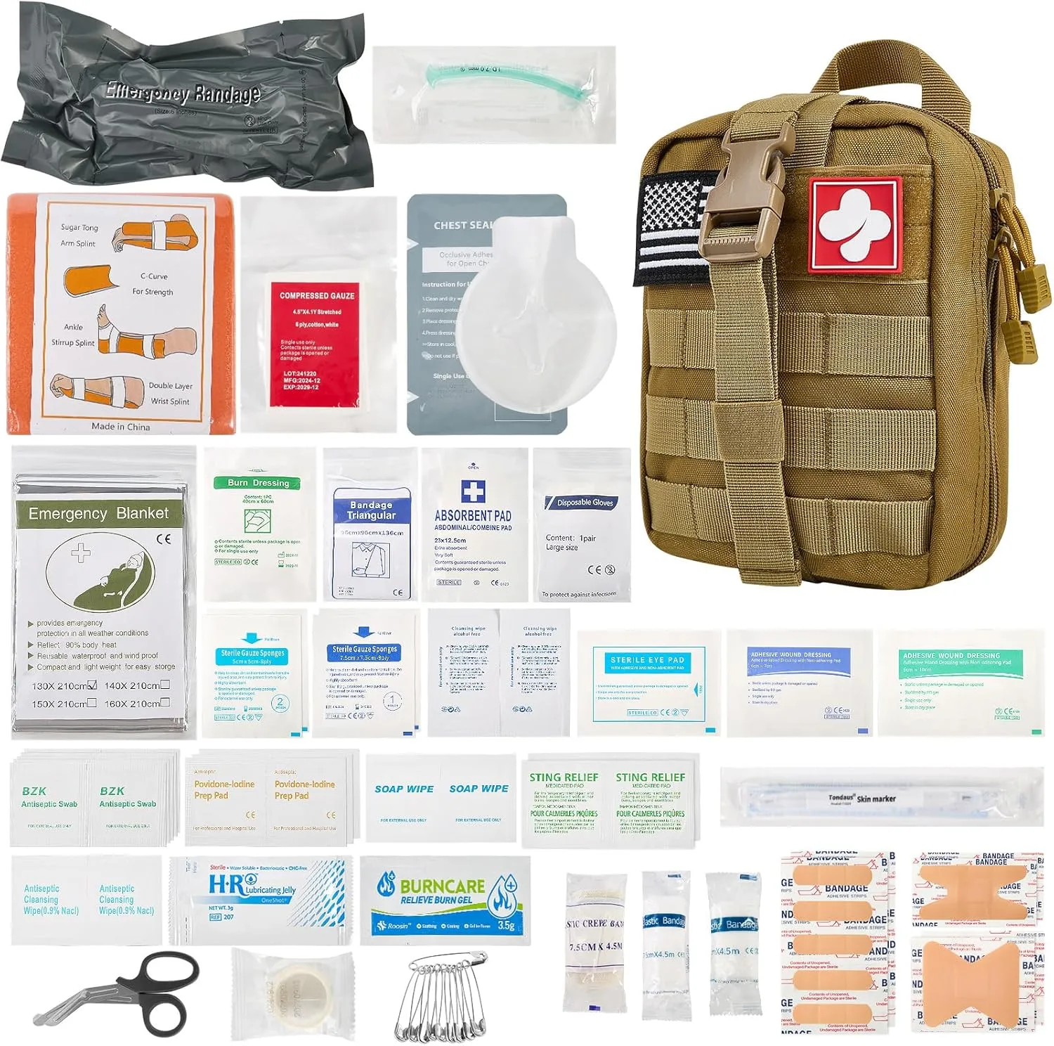 Trauma First Aid Kit with 6" Emergency Bandage, Splint, Tactical Military Combat Molle IFAK Trauma Kit for Survival, Wound Care, Bleeding Control (RAINLOS)