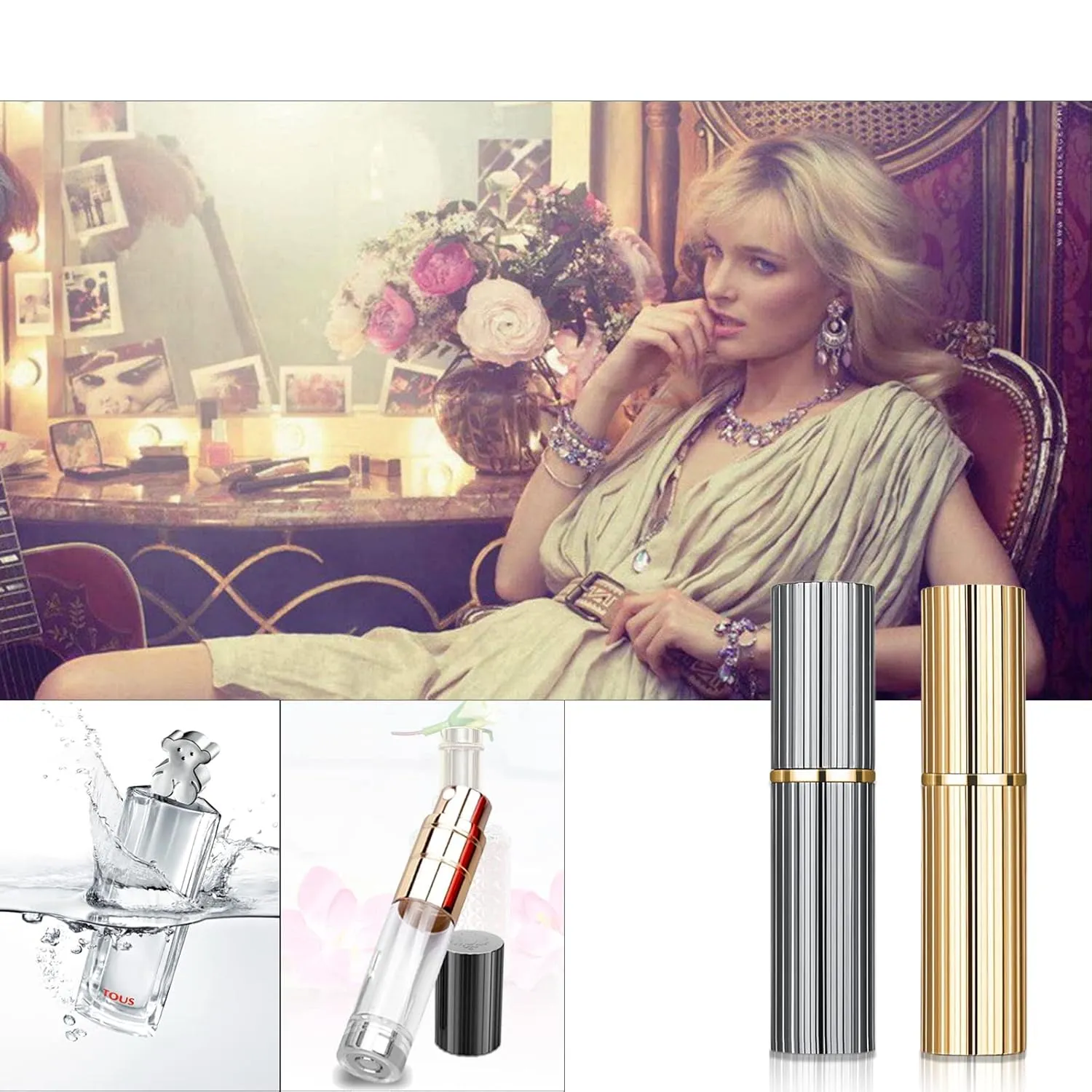 Travel Atomizer Mini Refillable Empty Spray Perfume Bottle 5ml Grey & Gold Portable TSA Scent Pump Case Take It By Air w/o Leaking for Men and Women