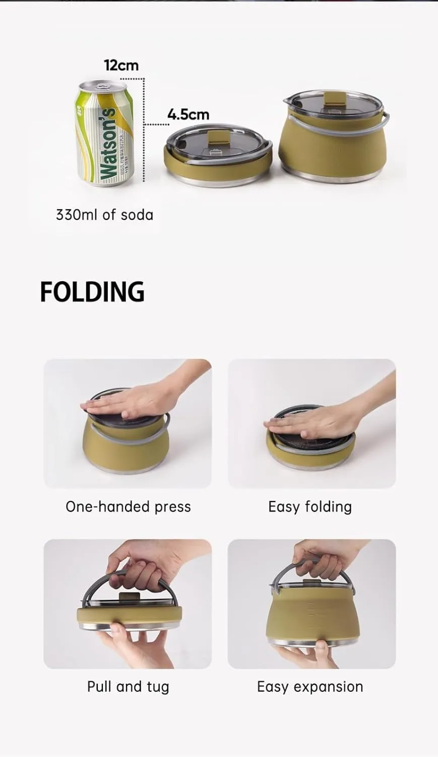 Travel Foldable Kettle, Collapsible Food Grade Silicone Small Kettle Boiling water（1000ml) (Dark-Green)