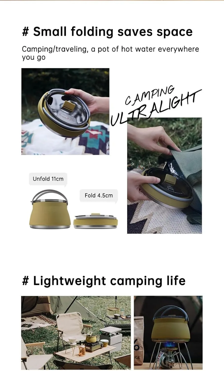 Travel Foldable Kettle, Collapsible Food Grade Silicone Small Kettle Boiling water（1000ml) (Dark-Green)