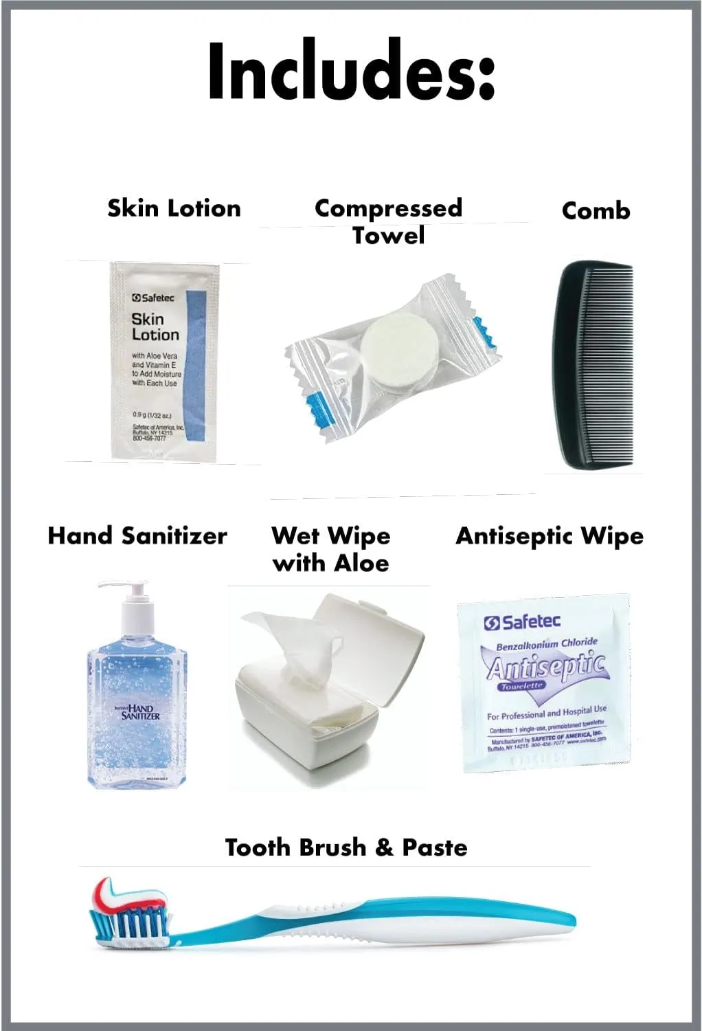 Travel Kit Single Use Traveling Kit with Tooth Brush & Paste, Compressed Towel, Comb, Skin Lotion, Antiseptic Wipe, Wet Wipe & Hand Sanitizer - 10 Units