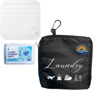Travel Laundry Detergent Sheets (30 count) Bathroom Sink Stopper and Foldable Laundry Bag - Portable, and Efficient, Perfect for Cruises, Hotel, Travel Essentials and College Dorm Room Essentials