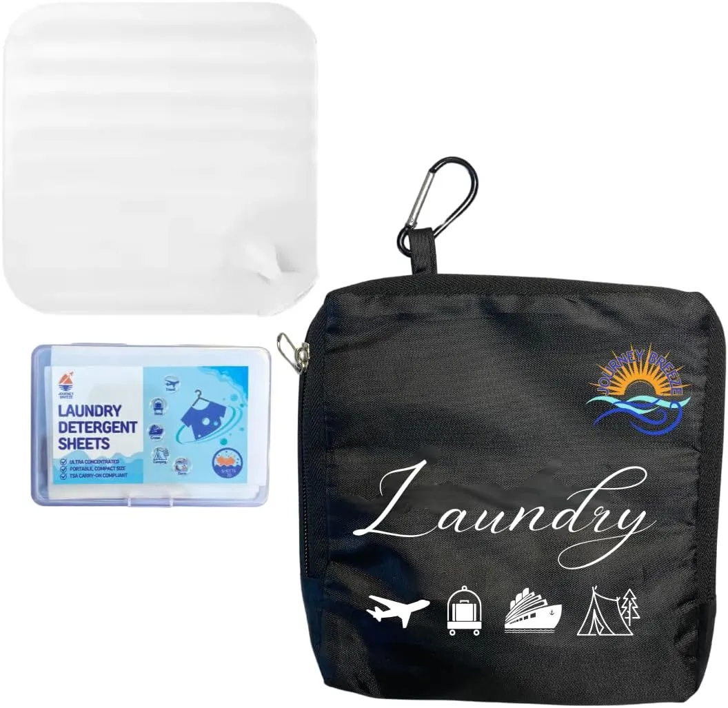 Travel Laundry Detergent Sheets (30 count) Bathroom Sink Stopper and Foldable Laundry Bag - Portable, and Efficient, Perfect for Cruises, Hotel, Travel Essentials and College Dorm Room Essentials