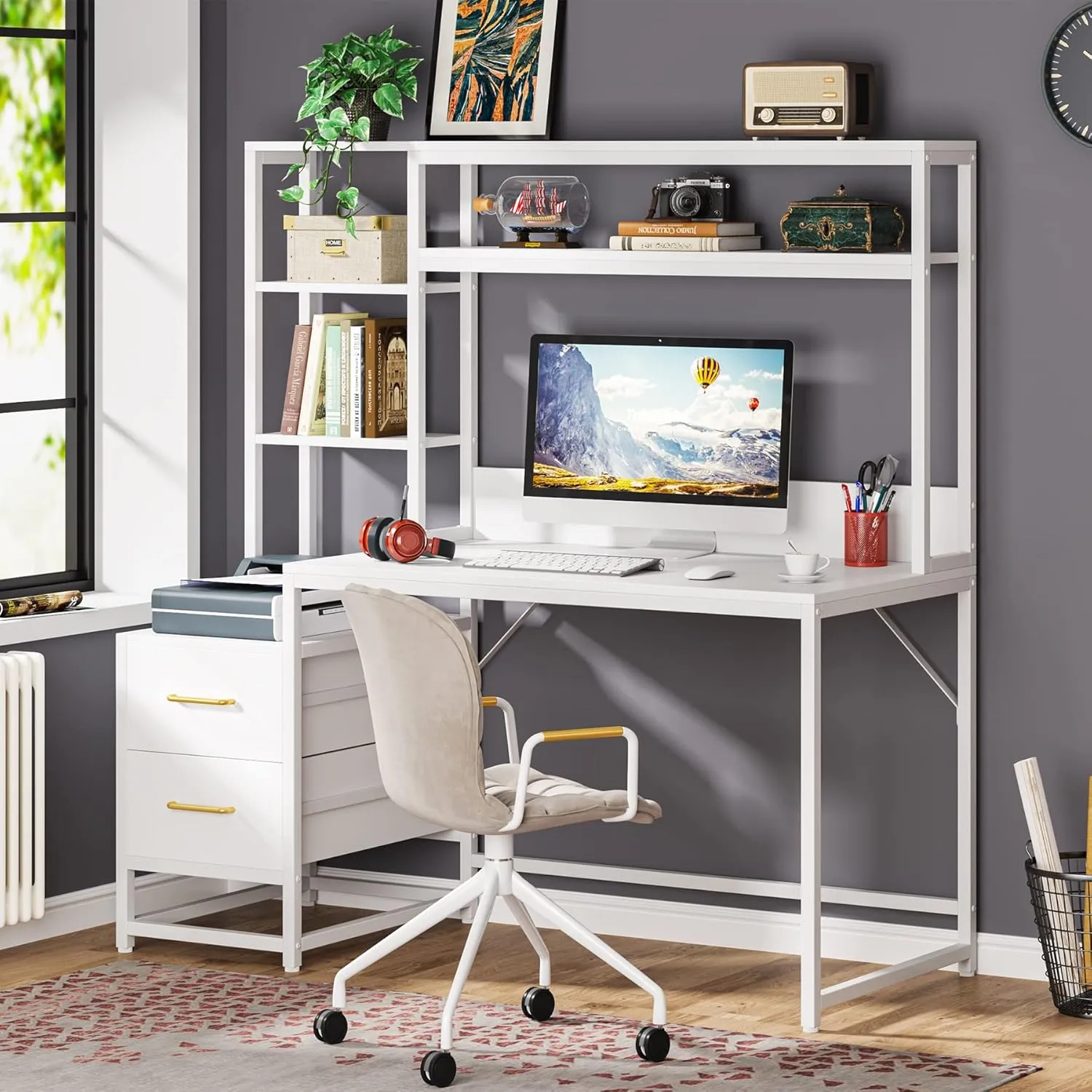 Tribesigns 55 Inch Computer Desk with 2 Drawers and Storage Shelves, Rustic Office Desk with Hutch, Study Writing Gaming Table Laptop Workstation for Home Office (White)