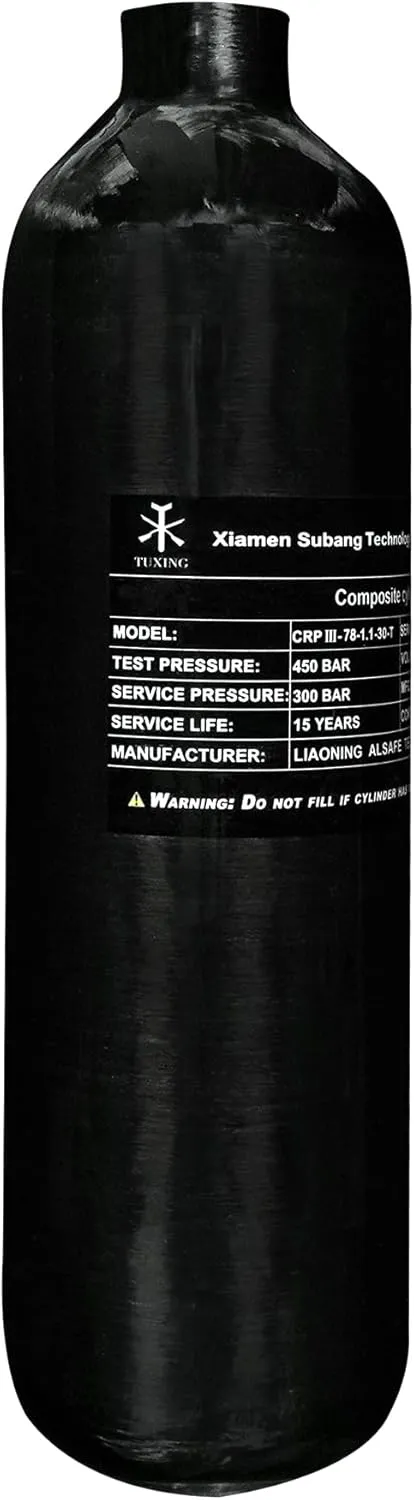 TUXING 4500Psi Carbon Fiber Air Tank 1.1L 67Cu in 1100cc Pcp HPA Bottle,Gas Cylinder,Paintball Hunting for PCP Air Rifle Gun Daystate and FX Thread M18 * 1.5 (1.1L Black Carbon Fiber Tank)