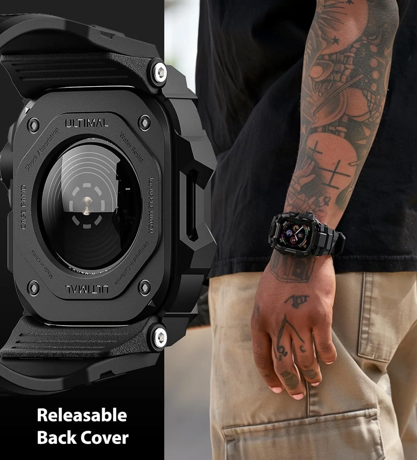 ULTIMAL Rugged Case with Band for Apple Watch 44mm,Compatible with Apple Watch Series SE/SE 2nd Generation/6/5/4, Military Grade Shockproof Bumper Cover for iWatch Tactical Band Men (44mm,Black)