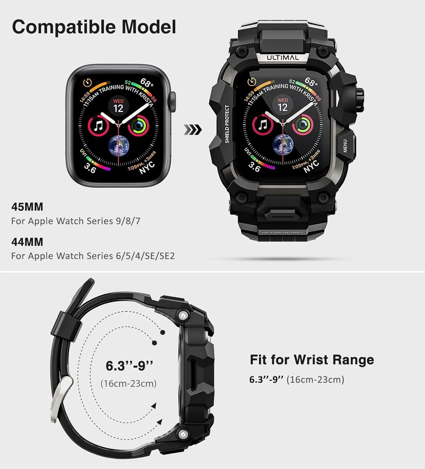 ULTIMAL Rugged Case with Band for Apple Watch 44mm,Compatible with Apple Watch Series SE/SE 2nd Generation/6/5/4, Military Grade Shockproof Bumper Cover for iWatch Tactical Band Men (44mm,Black)