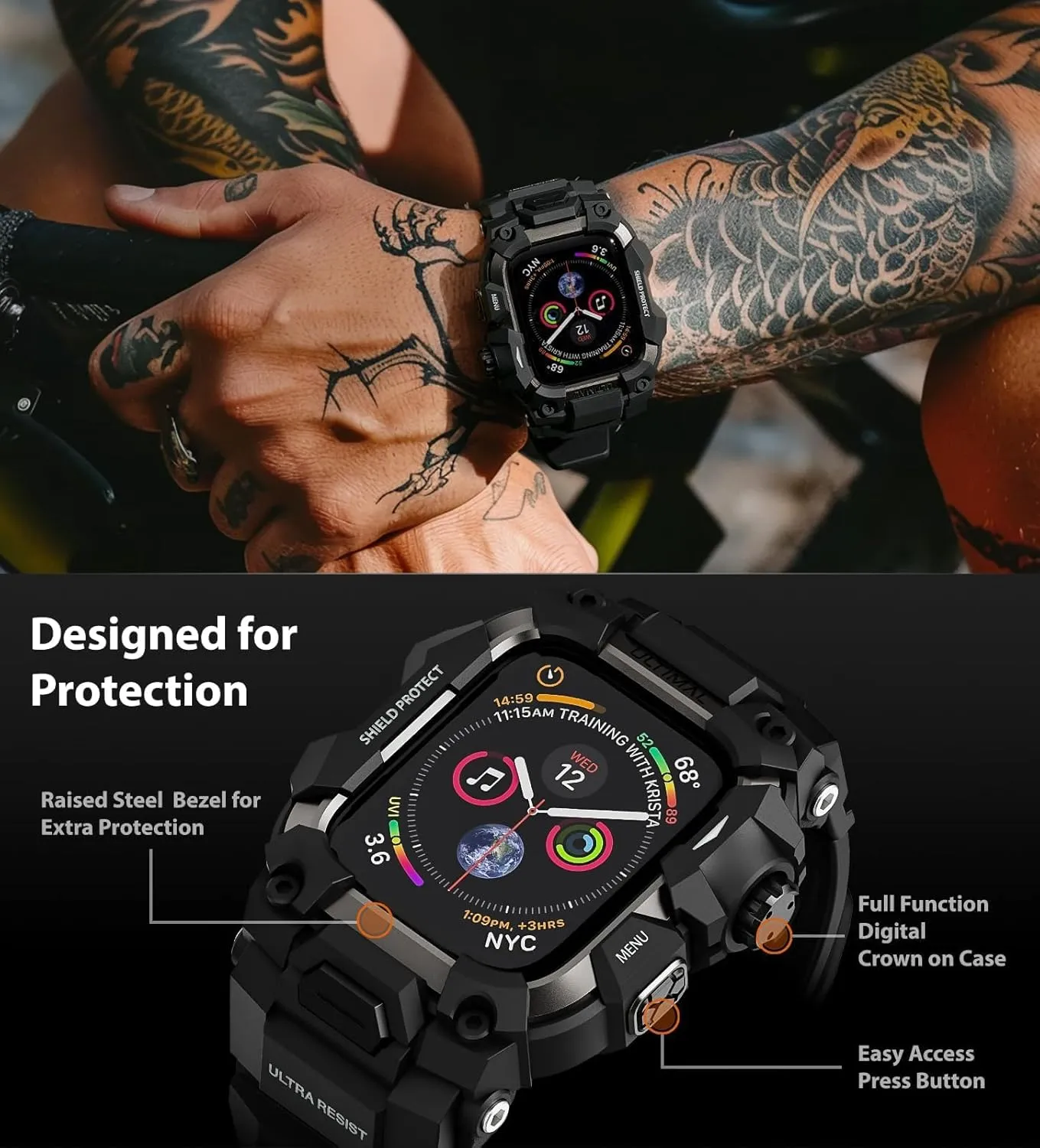 ULTIMAL Rugged Case with Band for Apple Watch 45mm, Compatible with Apple Watch Series 9/8/7 45mm, Military Grade Shockproof Bumper Cover for iWatch Tactical Band (45mm, Black)