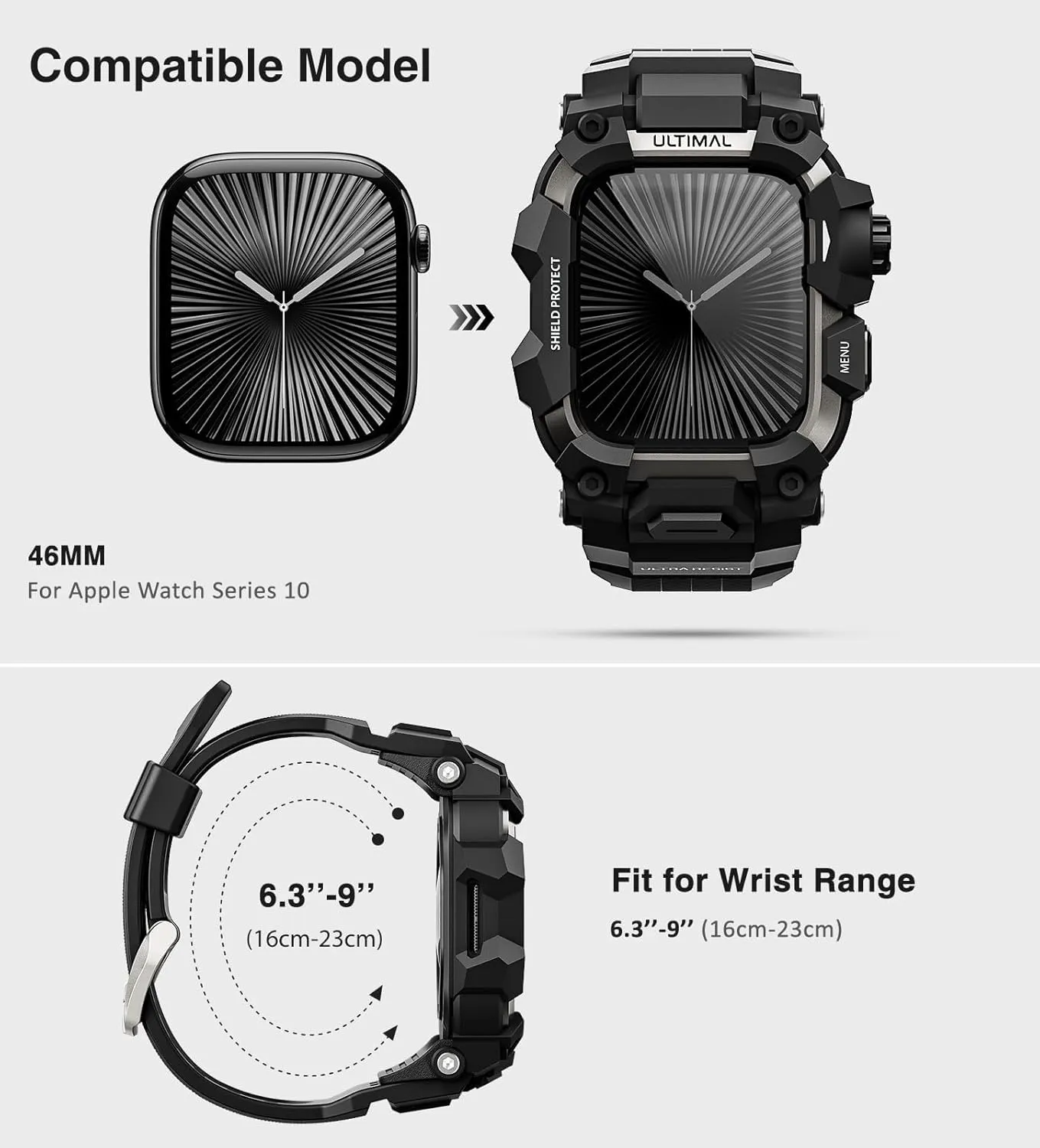 ULTIMAL Rugged Case with Band for Apple Watch 46mm,Compatible with Apple Watch Series 10, Military Grade Shockproof Bumper Cover for iWatch Tactical Band Men (46mm,Black)