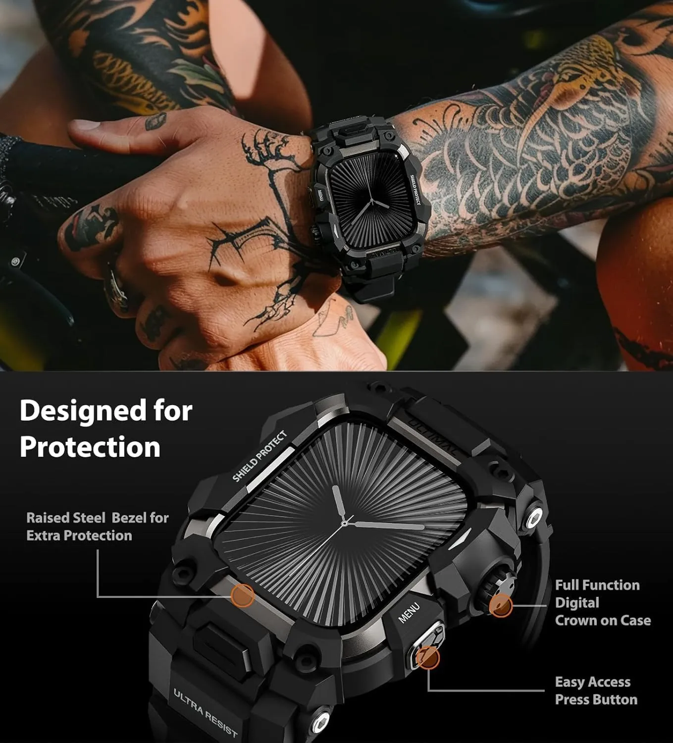 ULTIMAL Rugged Case with Band for Apple Watch 46mm,Compatible with Apple Watch Series 10, Military Grade Shockproof Bumper Cover for iWatch Tactical Band Men (46mm,Black)