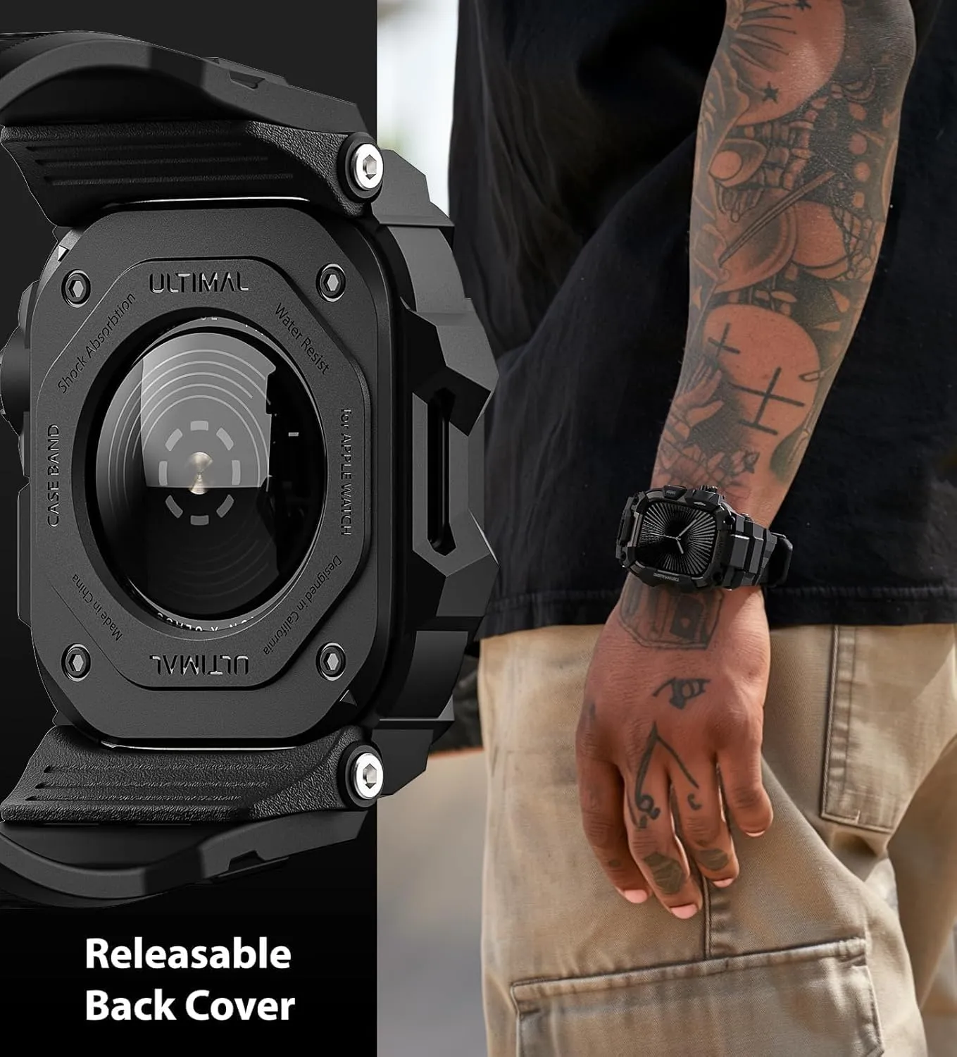 ULTIMAL Rugged Case with Band for Apple Watch 46mm,Compatible with Apple Watch Series 10, Military Grade Shockproof Bumper Cover for iWatch Tactical Band Men (46mm,Black)