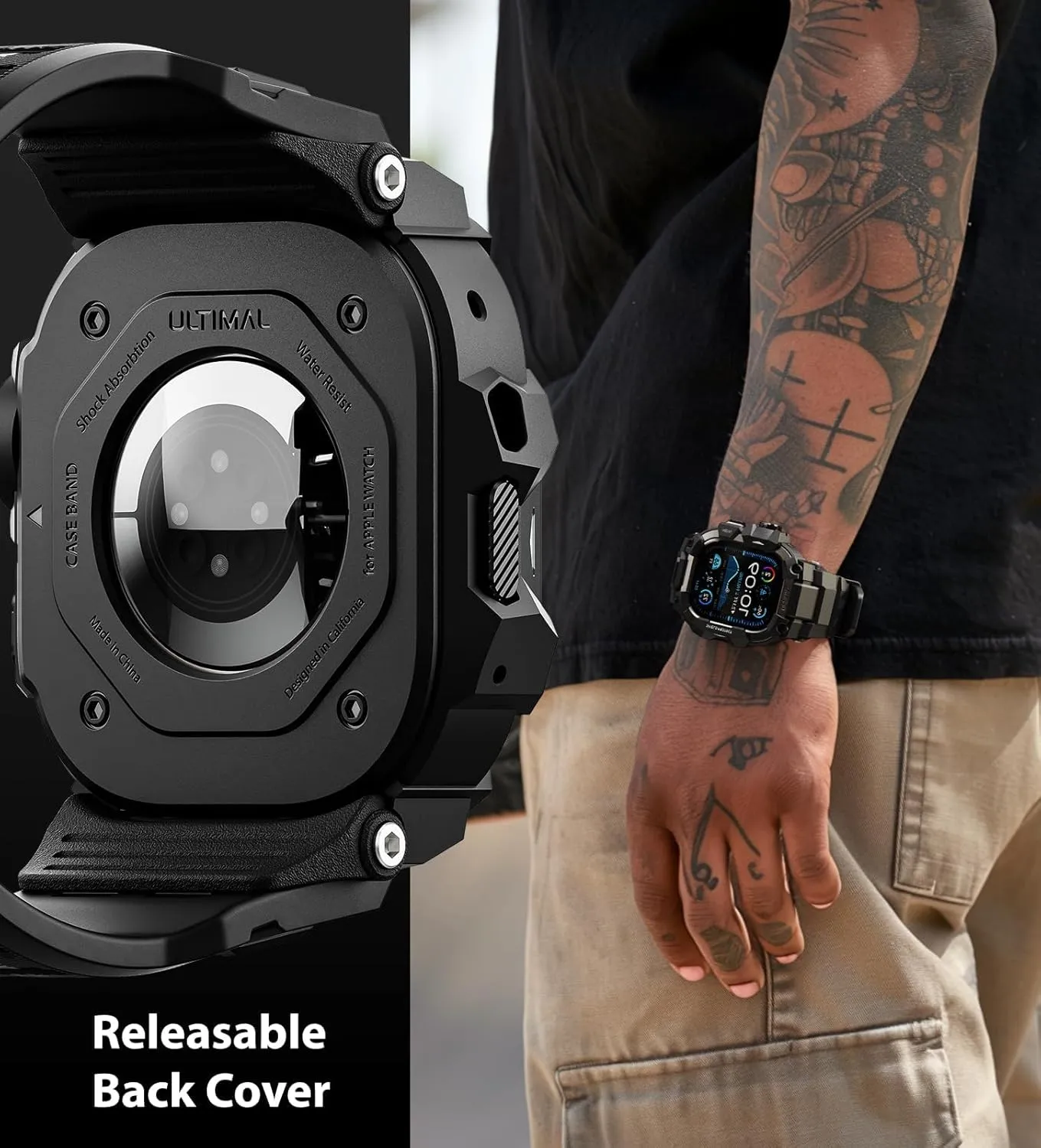 ULTIMAL Rugged Case with Band for Apple Watch 49mm,Compatible with Apple Watch Ultra/Ultra 2, Military Grade Shockproof Bumper Cover for iWatch Tactical Band Men (49mm,Black)